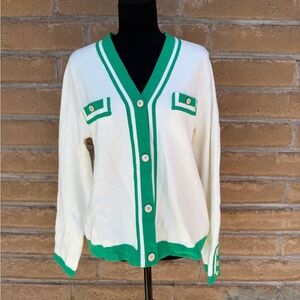 Adrienne Vittadini Sweater Woman’s  Size L Button Up V-Neck Green Trim Preppy